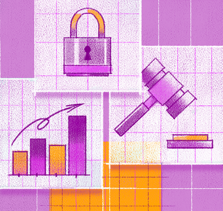 A padlock, a speaker's gavel and a graph