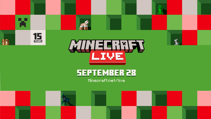 Letters in block style proclaiming Minecraft Live September 28