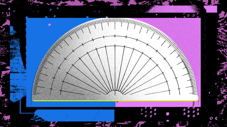 Illustration of a protractor against a vibrant background split between blue and purple, surrounded by abstract black and pink patterns.