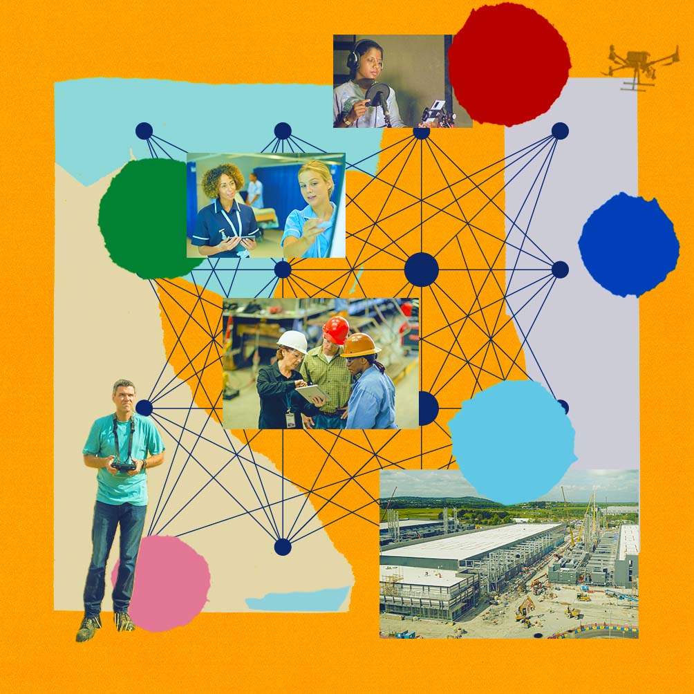 A graphic showing lines and dots in the background behind four photographs representing the four areas of Microsoft's approach to AI. A man in the lower left is shown controlling a drone flying in the upper right corner.