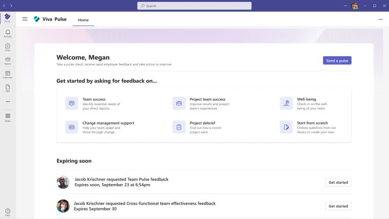 Teams window showing Viva Pulse homepage with suggested feedback surveys and expiring surveys