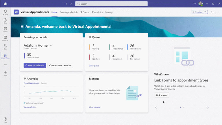 Gif shows appointment scheduling, queue viewing, and analytics in Teams