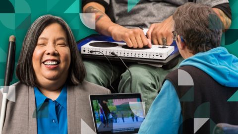 A collage including Anne Taylor and people using Microsoft accessibility devices