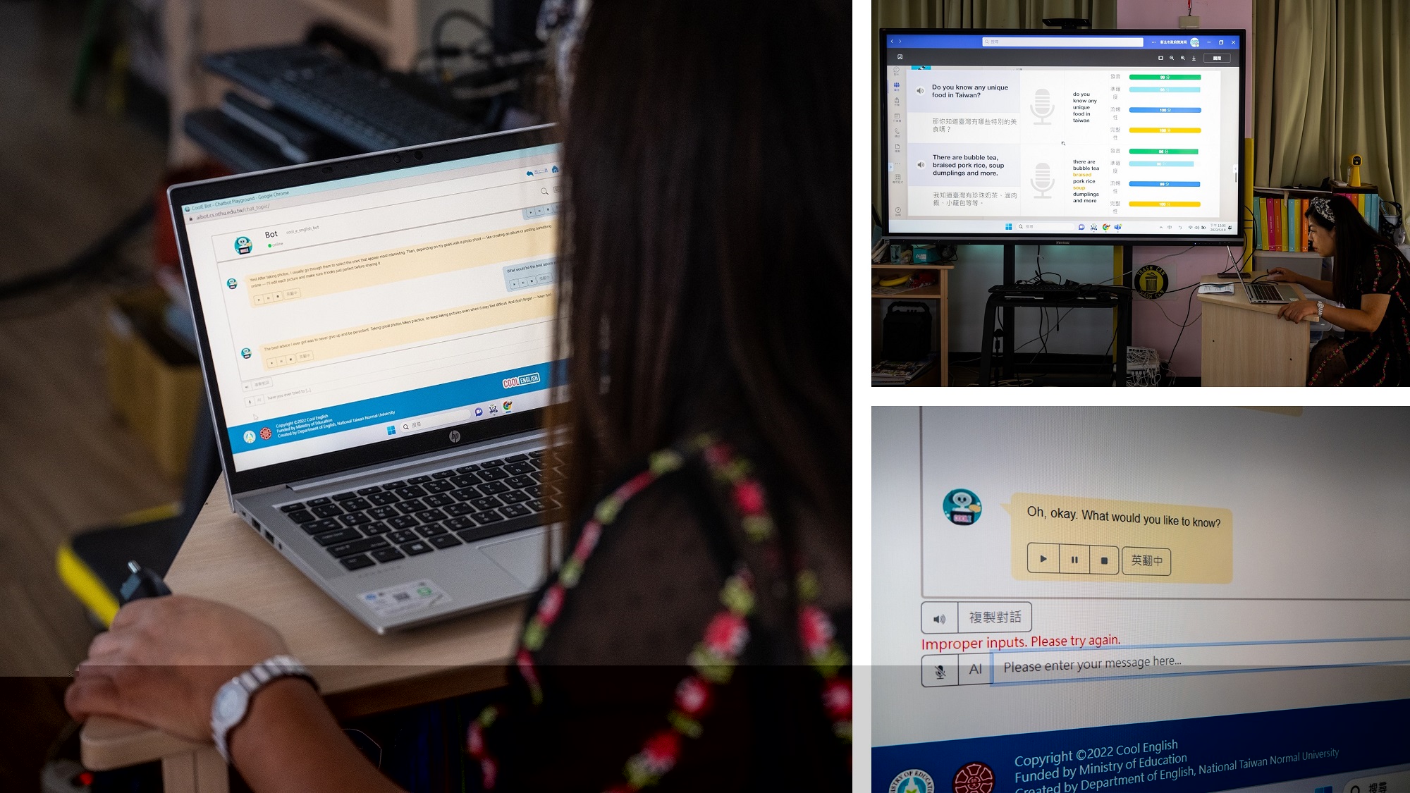 A set of three images in clockwise direction showing a large screen with a woman seated to its right in a classroom, an open window on a computer screen and an over-the-shoulder view of a woman looking at her laptop.