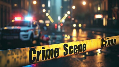 yellow crime scene law enforcement tape with police car on blur city street background