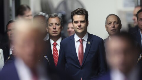 Rep. Matt Gaetz, R-Fla., looks on as former President Donald Trump appears at Manhattan criminal court in New York, on Thursday, May 16, 2024. (Mike Segar/Pool Photo via AP)