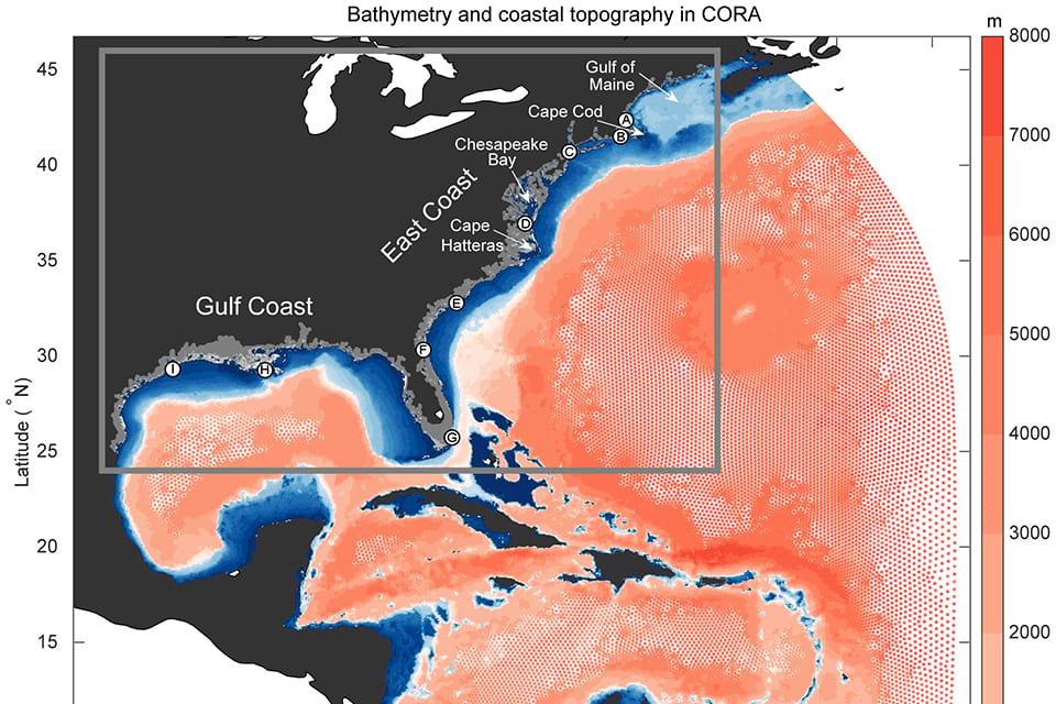 A depiction of the Advanced Circulation Model used for NOAA's Coastal Ocean Reanalysis. The gray box shows the focus region of the assessment — the U.S. East Coast, Gulf of Mexico, and Carribean Sea. Credit: Cooperative Institute for Marine and Atmospheric Research, School of Ocean and Earth Science and Technology, University of Hawai’i at Mānoa.