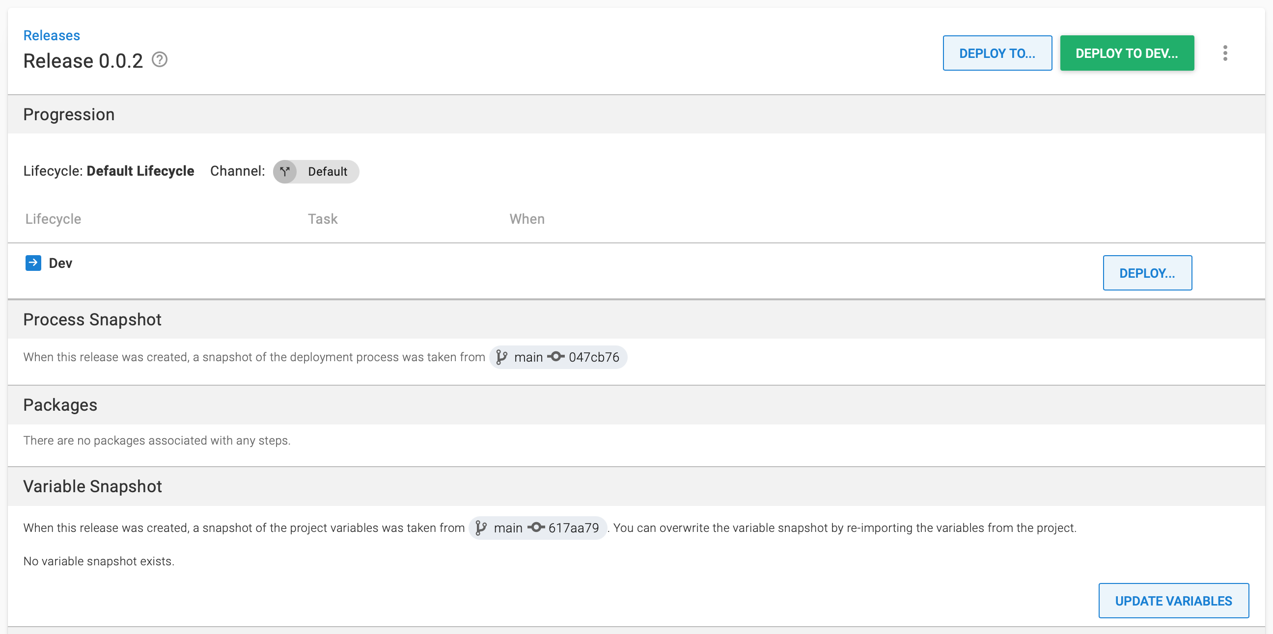 Screenshot of Octopus Release page showing process snapshot with Git reference main and commit 047cb76 and variable snapshot with reference main and commit 617aa79