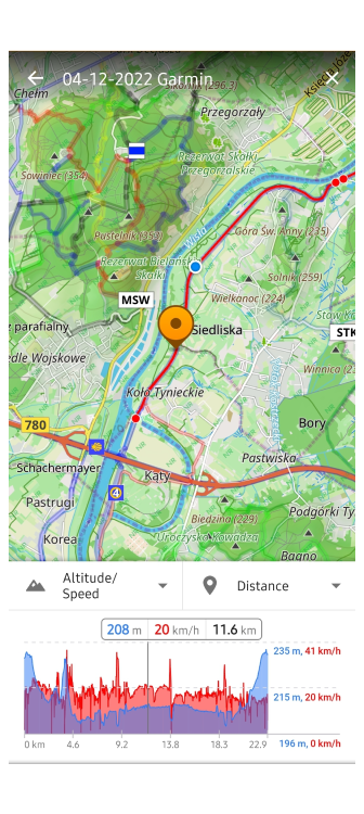 Track menu analize on the map distance Android