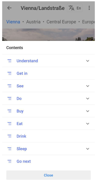 Travel guides contents menu