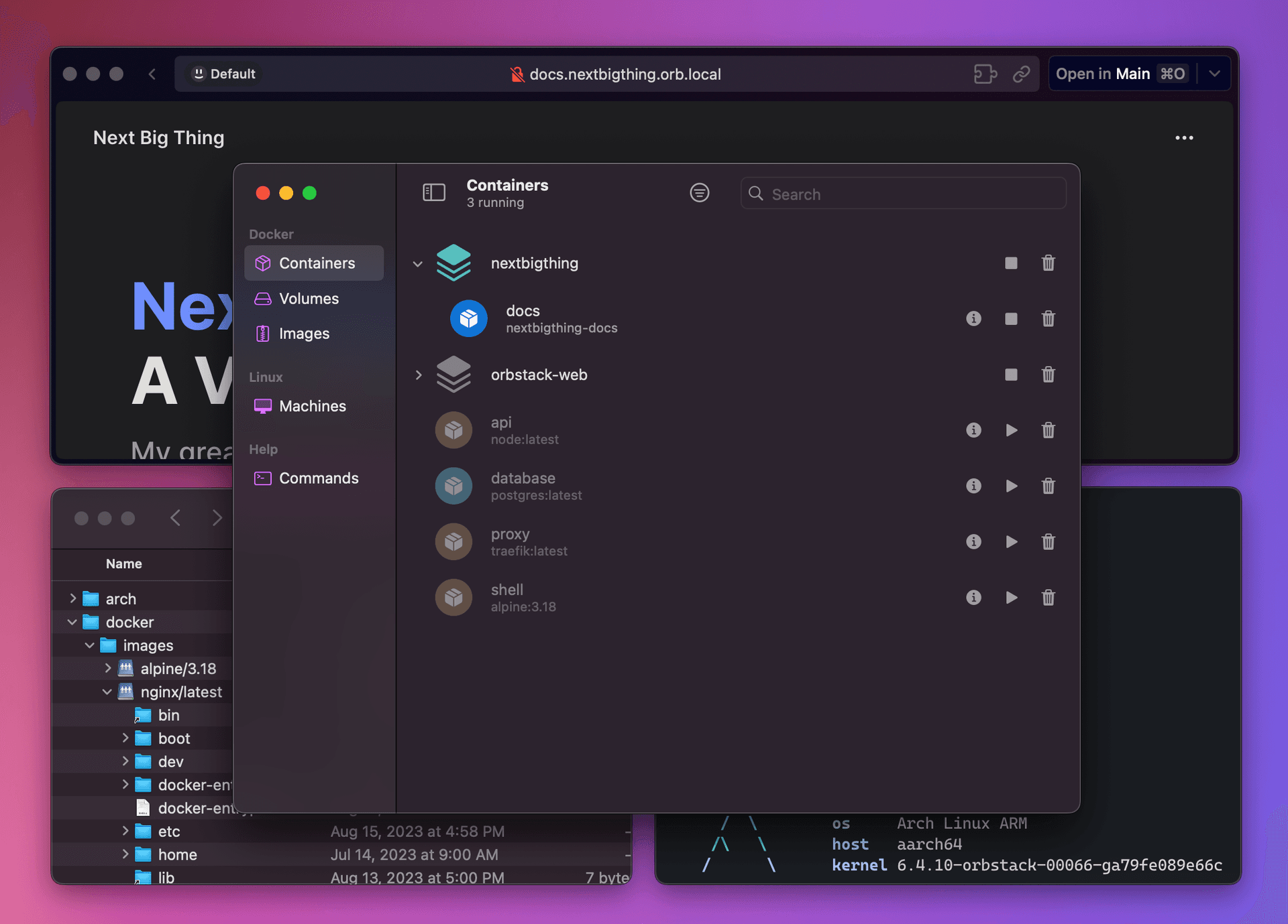 OrbStack running a Compose project with domain names, image files open in Finder, and an Arch Linux machine