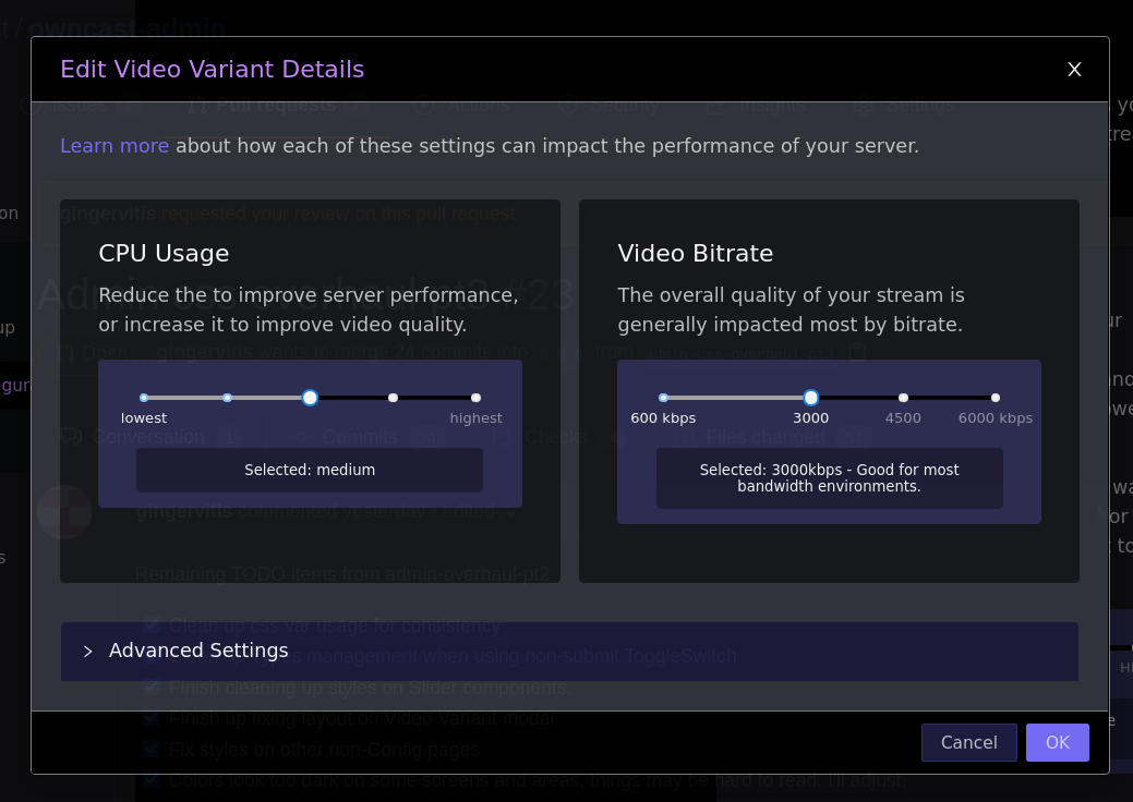 Owncast video settings