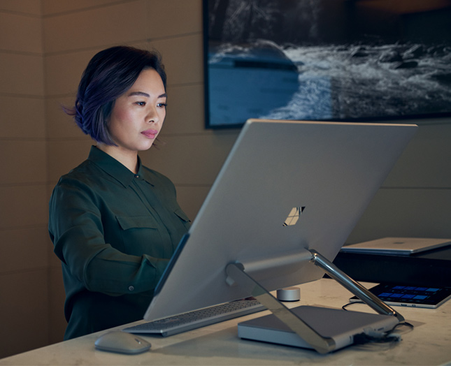 A woman works intently behind a large monitor