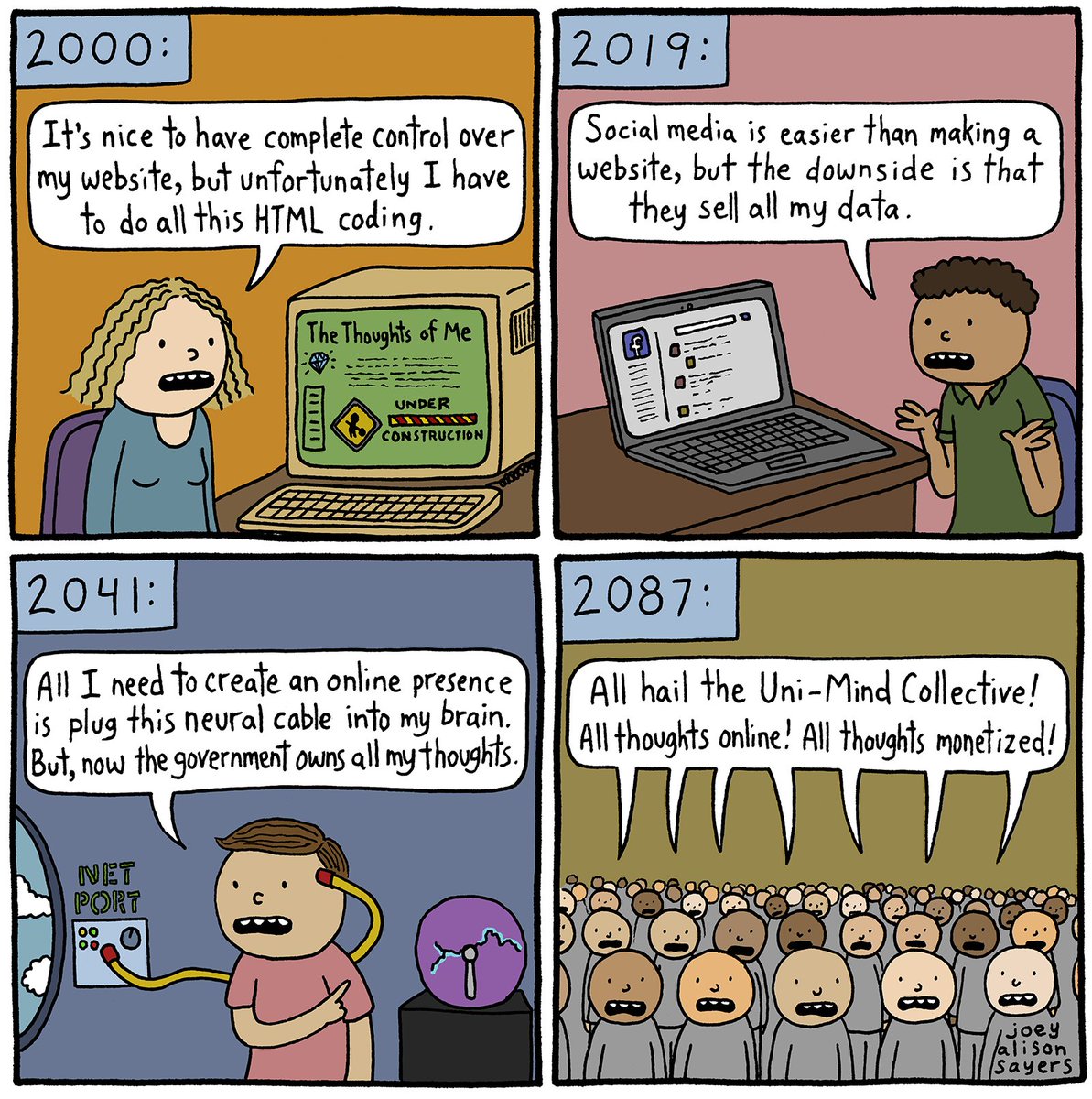 Four pane comic showing evolution of posting your opinion on the web from writing HTML, posting on Social Media, neural cable, lastly a 'uni-mind' collective