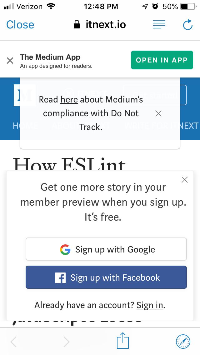 Medium popups on mobile phone covering content and suggesting the user sign up to read one more story.