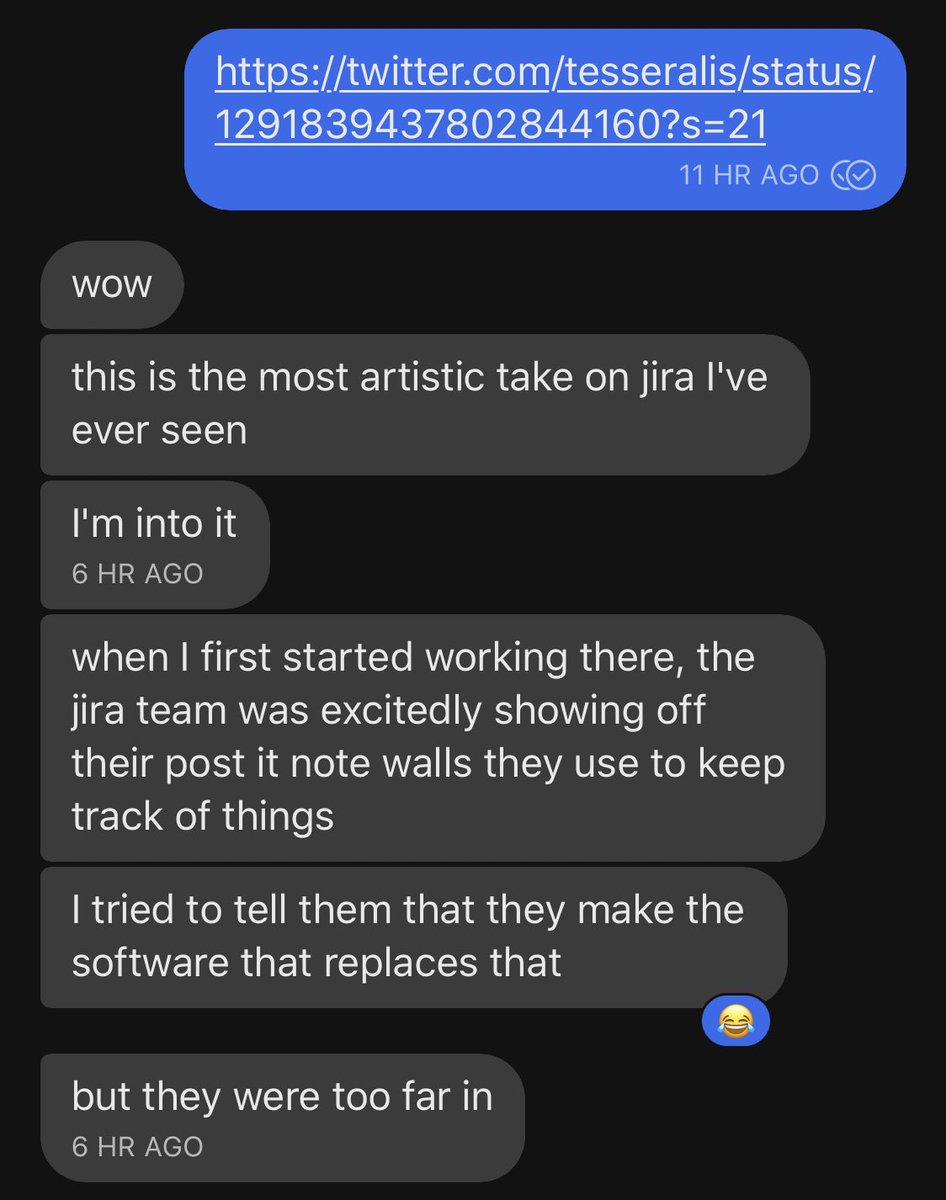 Screenshot of a txt conversation about Jira and how they use post-it notes for issue tracking / project planning Jira itself, instead of using Jira for Jira