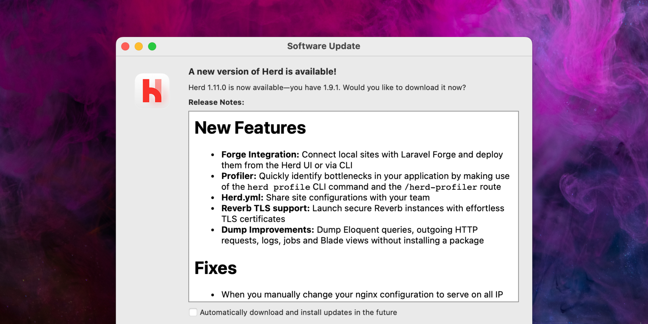 Laravel Herd v1.11 Adds Forge Integration, Dump Updates, and More in v1.11 image