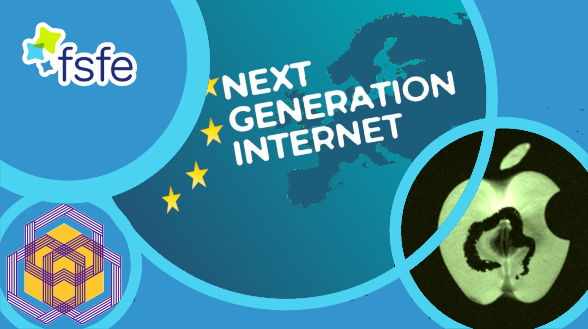 Collage showing three images in different sizes in round shapes and the FSFE logo. One image has the sentence Next Generation Internet over a EU map in blue, another is the logo of the ZOOOM project and the last one is a drawing of an apple in a green color with a worm inside  