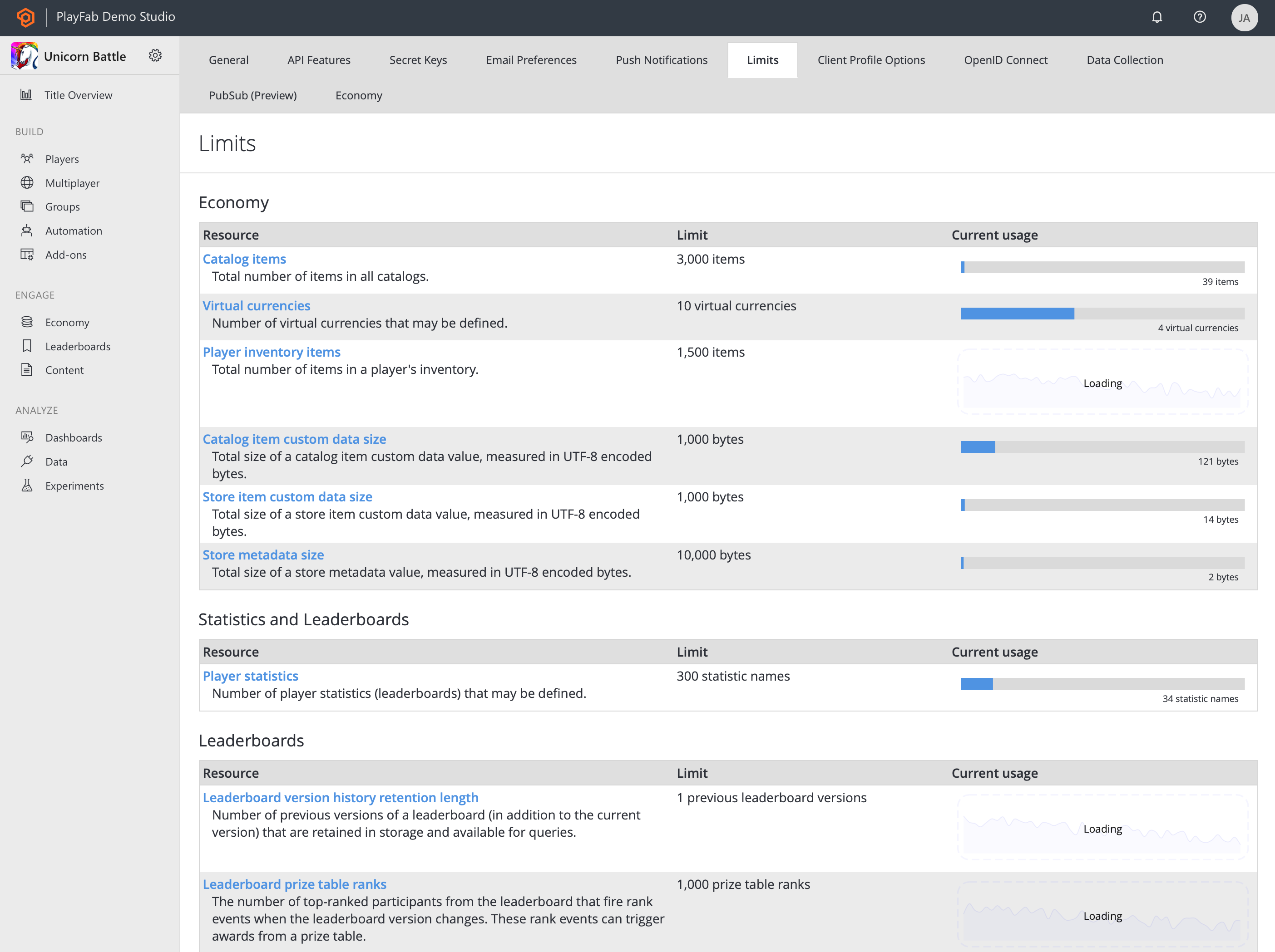 Screenshot of limits page in PlayFab