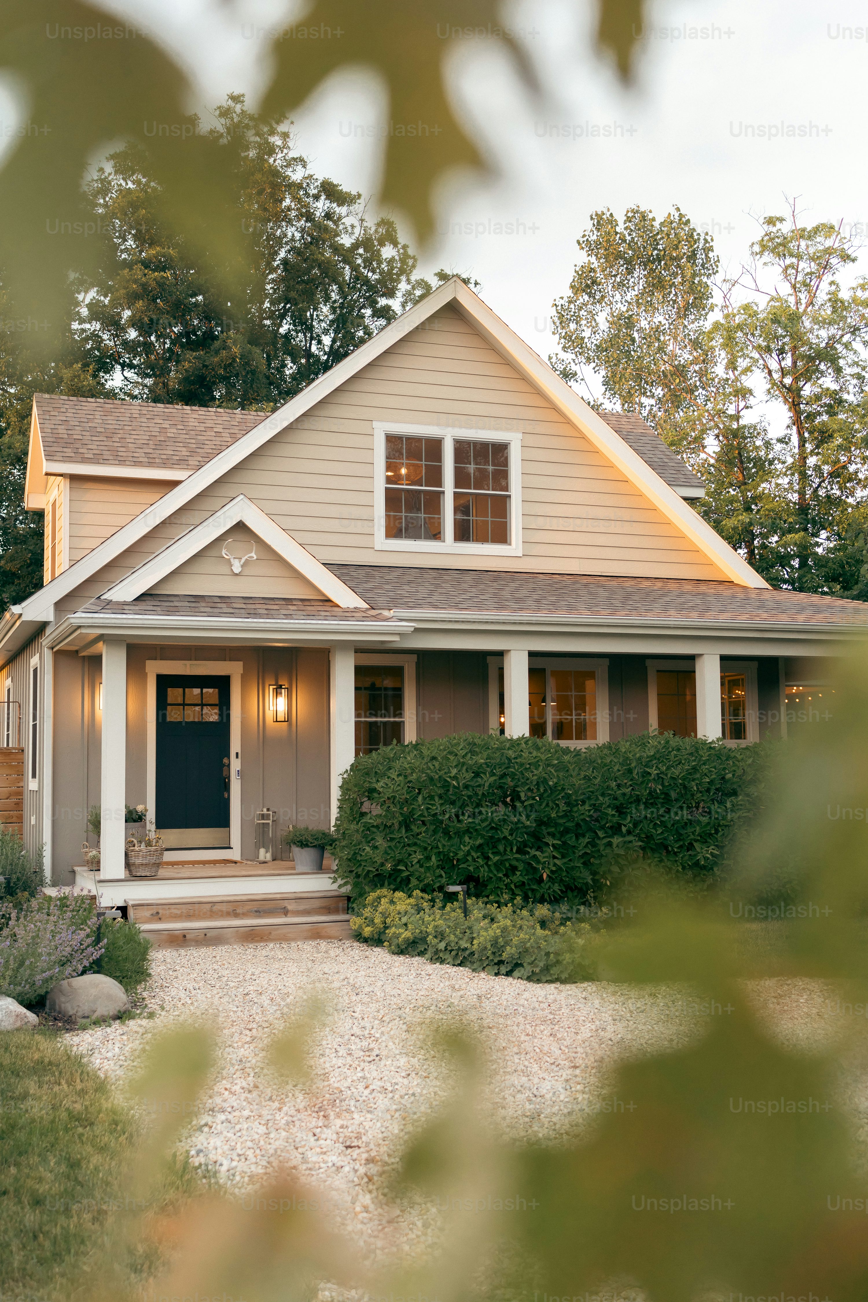 a house with a blue front door and a brown front door