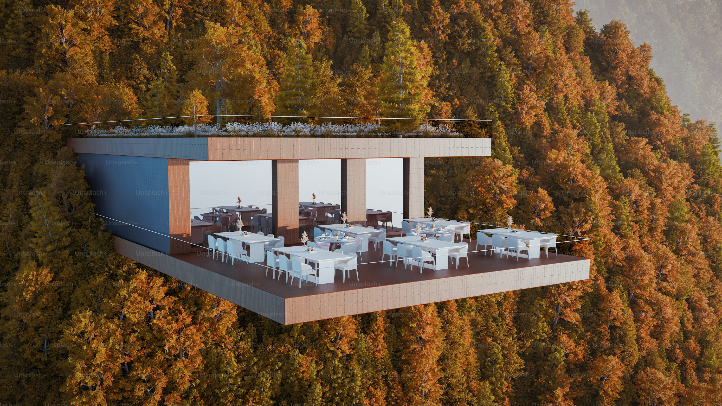 An aerial view of a restaurant in the middle of a forest