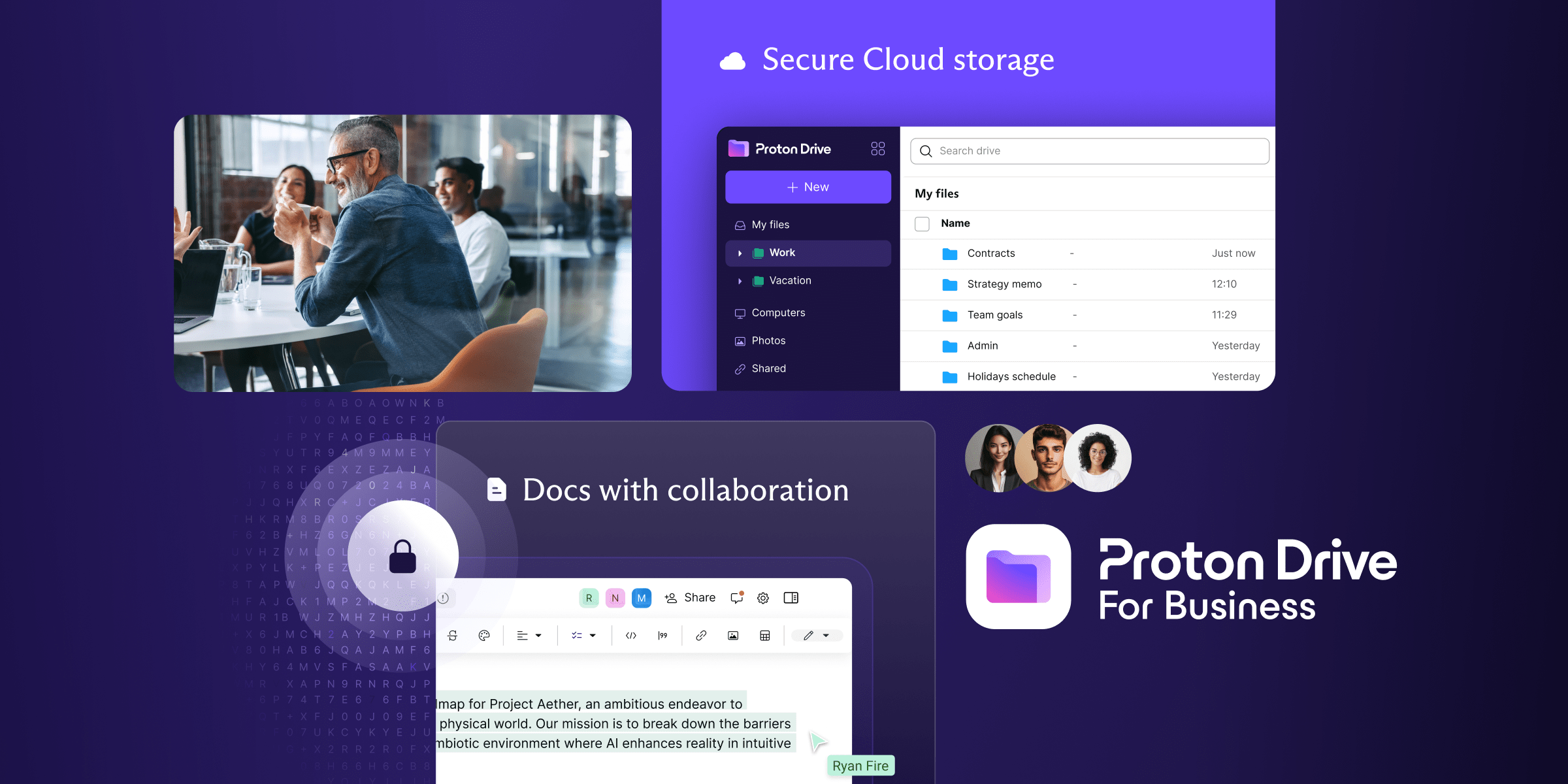 A collection of images demonstrating the in-product experience for Proton Drive cloud storage for Business