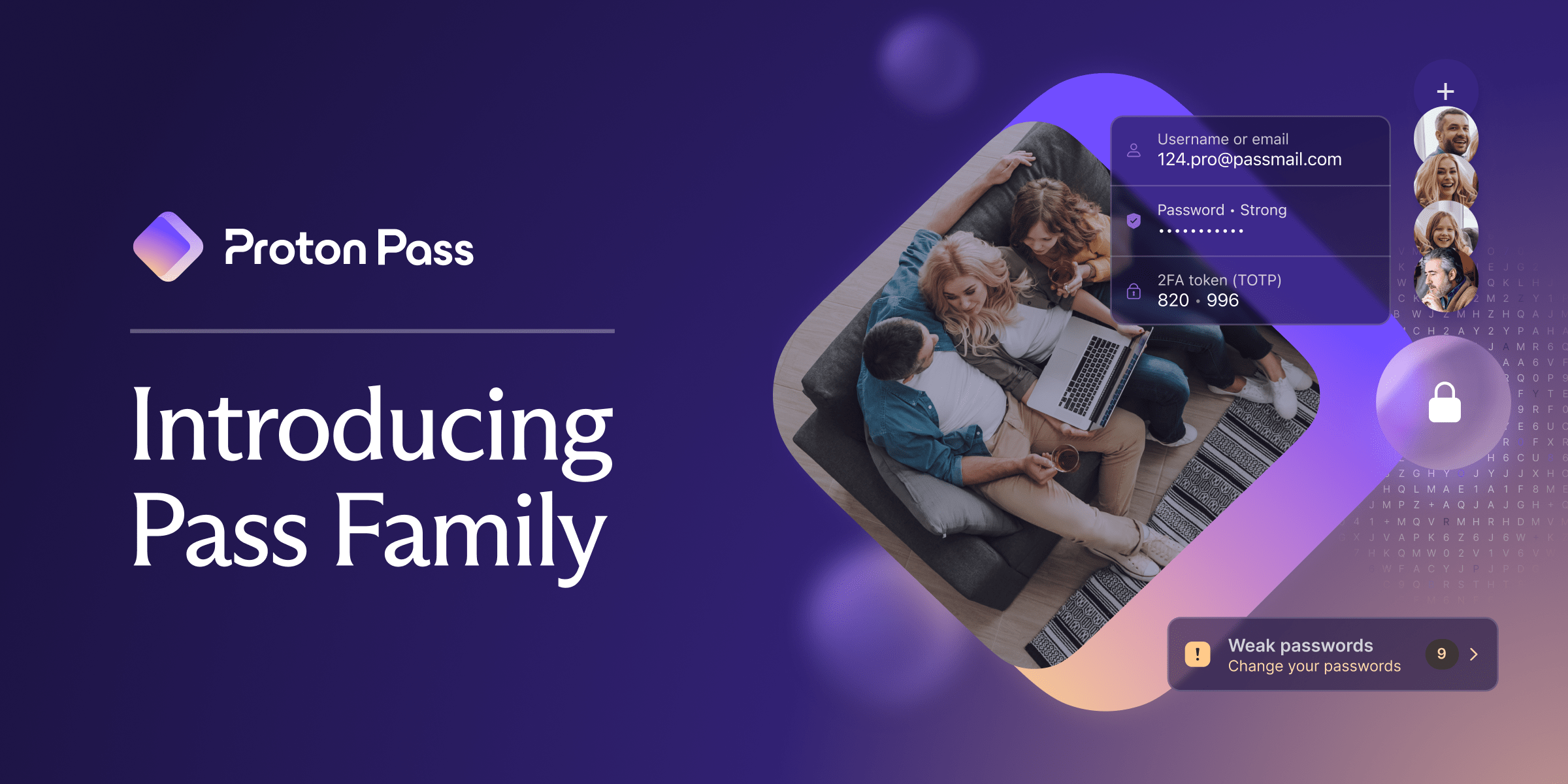 The cover image for a blog introducing the new Pass Family plan. Text saying 'Introducing Pass Family' next to an image of a family sitting together on their laptops