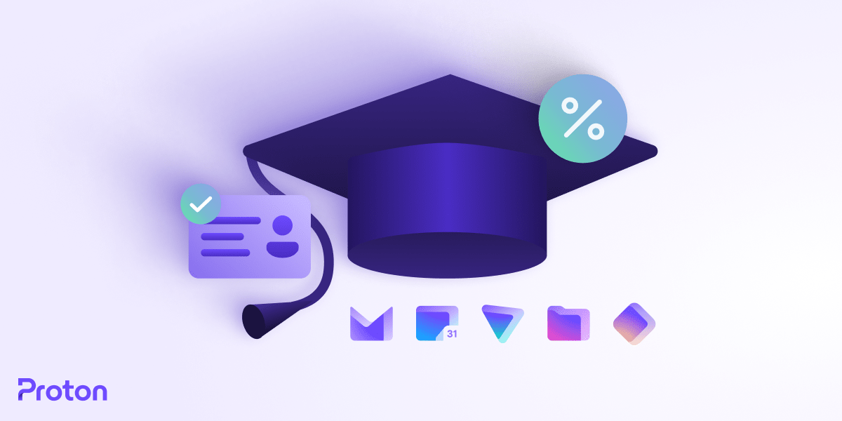 An image of a mortarboard cap, logos for Proton Drive, Mail, VPN, Pass, and Calendar, and a password field on a blog offering student discounts for all Proton products