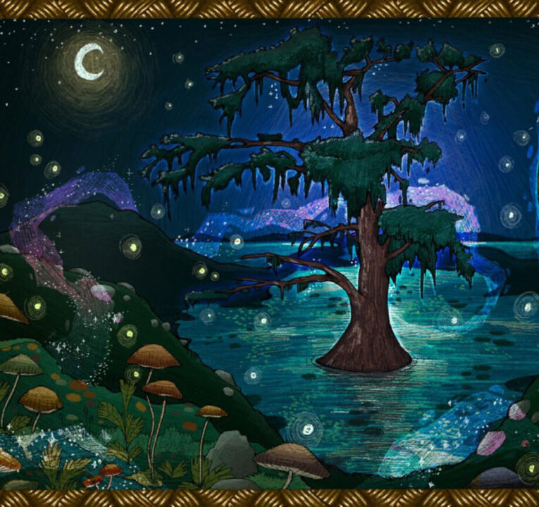 Artistic rendering of a tree draped in moss under a night sky lit by a crescent moon