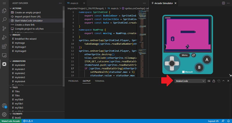 Screenshot of VS Code with the output pane open and a red arrow pointing to a dropdown with MakeCode selected