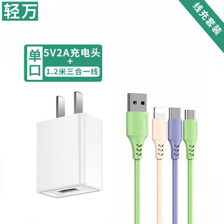 轻万 5v2a充电头通用 10w慢充usb插头双口直插充电器 安卓小功率低5v蓝牙耳机适用手机手表多口数据线 2A充电头+三合一线1.2米