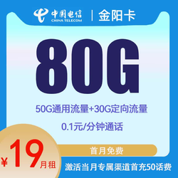 CHINA TELECOM 中国电信 金阳卡 两年19元月租（80G全国流量+0.1/每分钟+首月免租）