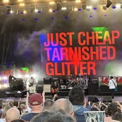 Manics at Ally Pally. Background text: Just Cheap Tarnished Glitter