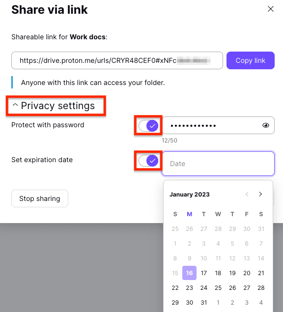 Proton Drive switches to turn on password protection and set an expiration date for a shareable link