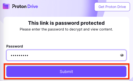 Box to enter the password to access a Proton Drive shareable link