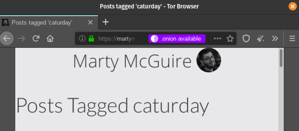 Screenshot of the Tor Browser showing the ".onion available" message when viewing my caturday page.