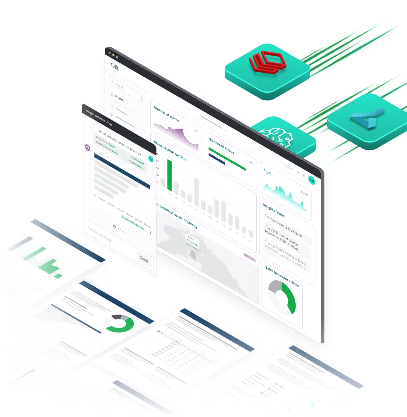 A digital dashboard display with charts, graphs, and data visualizations. Additional sheets and icons are depicted in the background.