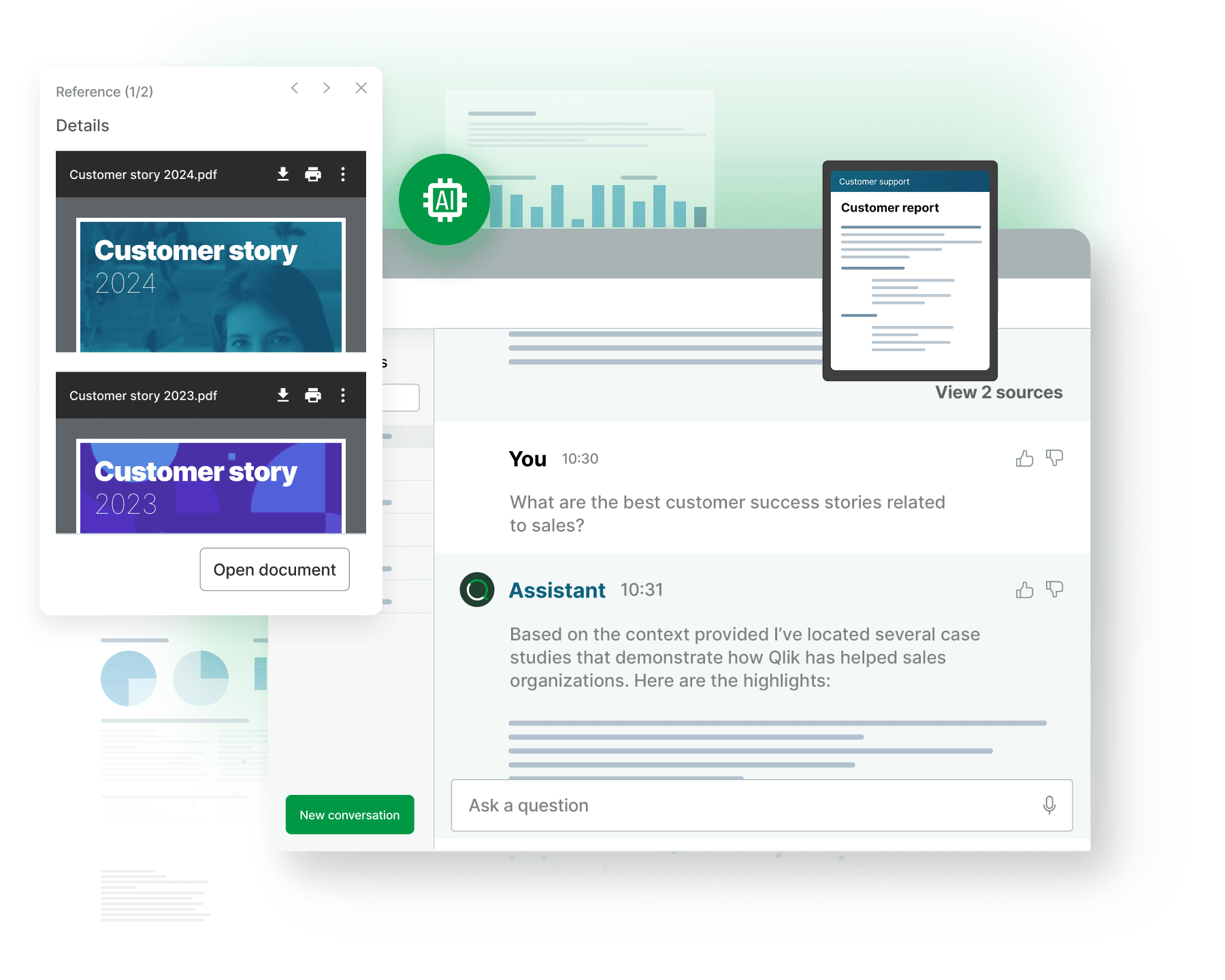 A graphic of a screen showing a chat with an AI assistant providing case studies on customer success stories related to sales, accompanied by customer story documents and a customer report.