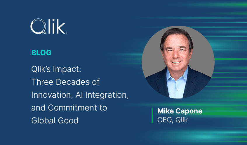 Qlik blog post titled "Qlik’s Impact: Three Decades of Innovation, AI Integration, and Commitment to Global Good" by Mike Capone, CEO, Qlik