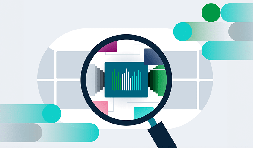 A magnifying glass focuses on a digital chart with bars and lines, symbolizing data analysis and examination. Surrounding elements include abstract shapes in shades of green and blue.