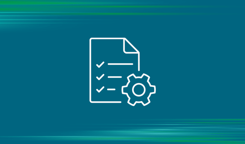 Icon of a document with checkmarks next to a gear, symbolizing technical document set on a blue-green background.