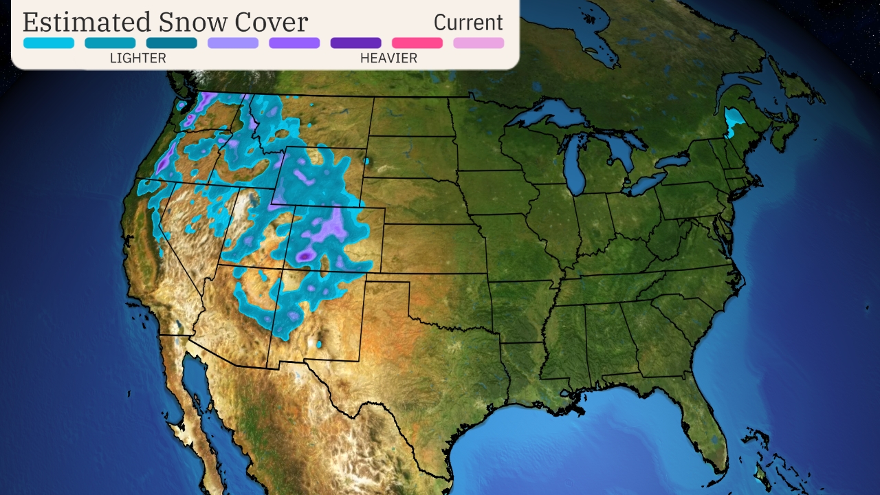 Map depicting snow cover from light to heavy across the US.