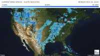 Latest wind speeds with higher wind gusts indicated.
