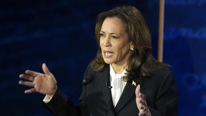 Democratic presidential nominee Vice President Kamala Harris speaks during a presidential debate with Republican presidential nominee former President Donald Trump at the National Constitution Center, Tuesday, Sept.10, 2024, in Philadelphia. (AP Photo/Alex Brandon)