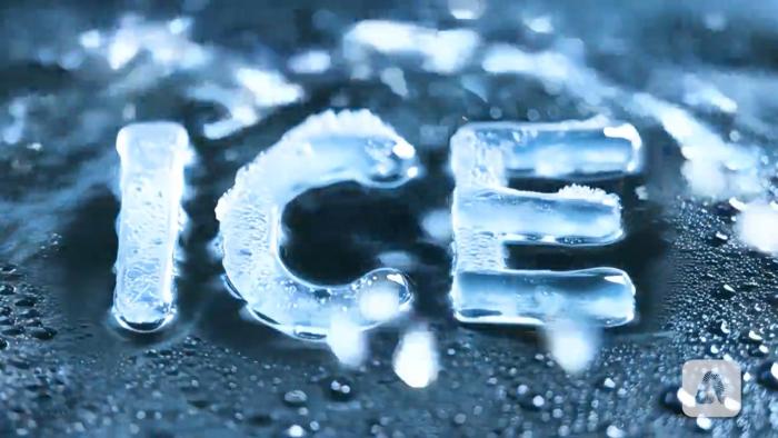 Still from an AI-generated video, showing the words "ICE" made of ice.