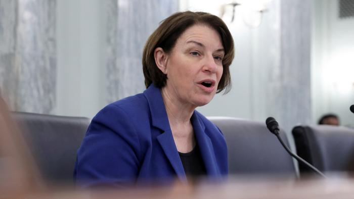 Senator Amy Klobuchar (D-MN) speaks during a Senate Committee on Commerce, Science and Transportation hearing entitled "Strengthening Airline Operations and Consumer Protections,"  focusing on the holiday meltdown, that forced Southwest to cancel thousands of flights, on Capitol Hill in Washington, U.S., February 9, 2023. REUTERS/Amanda Andrade-Rhoades