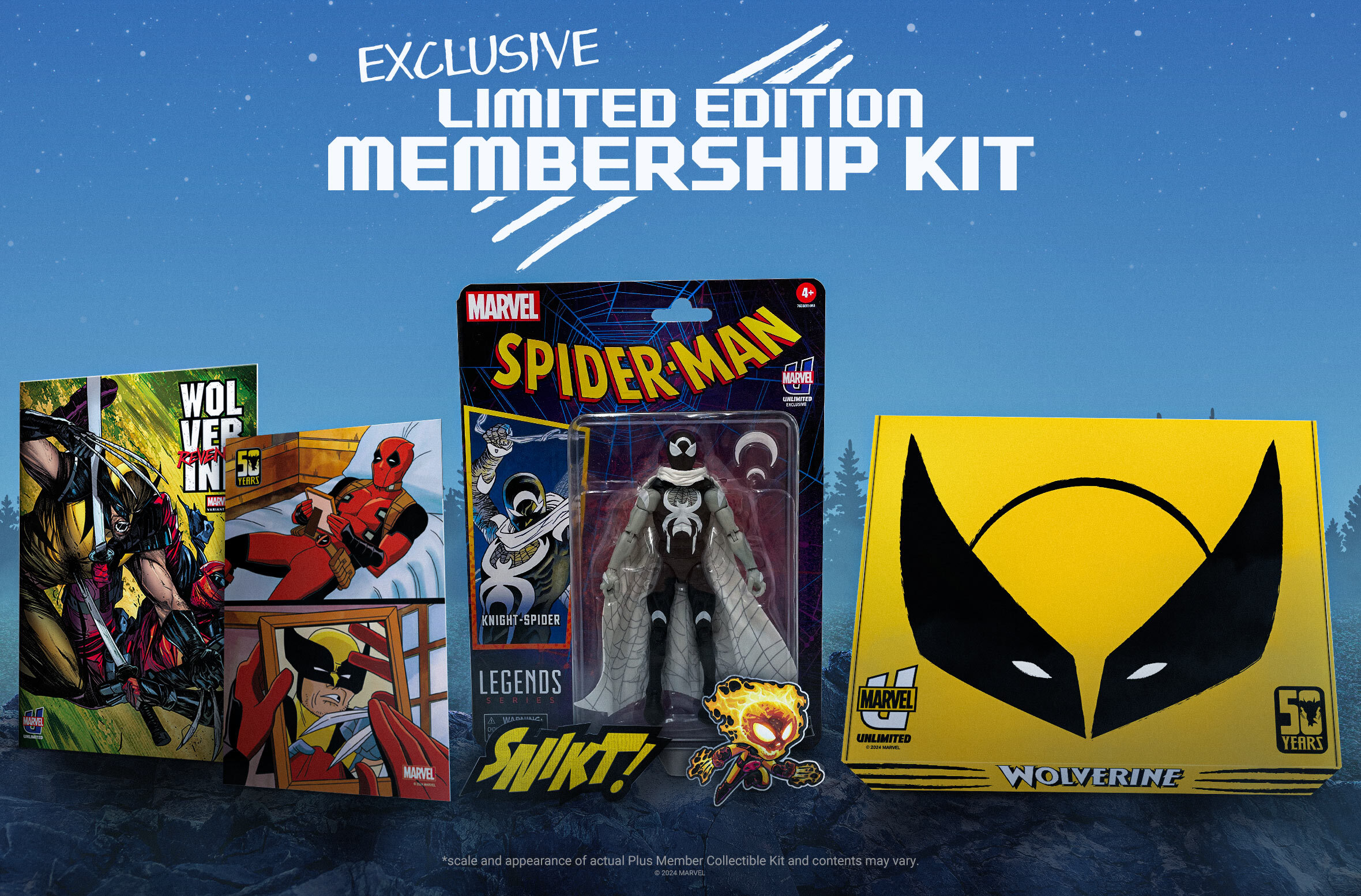 Marvel Unlimited Plus Membership kit image featuring a variety of items.