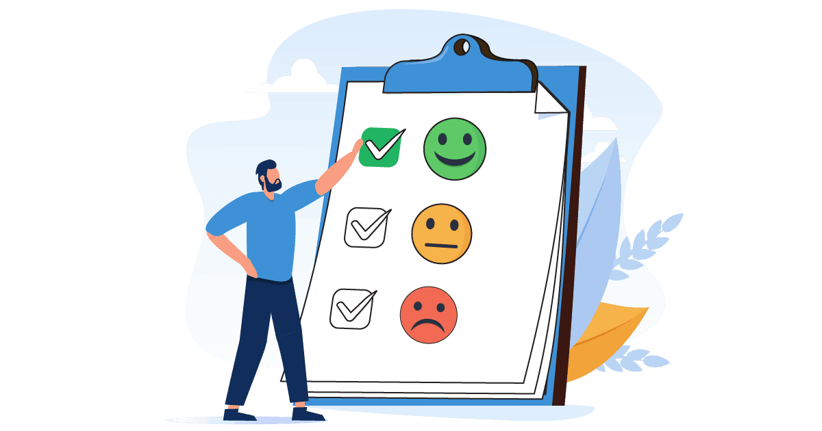 Man points to clipboard illustration with customer satisfaction survey