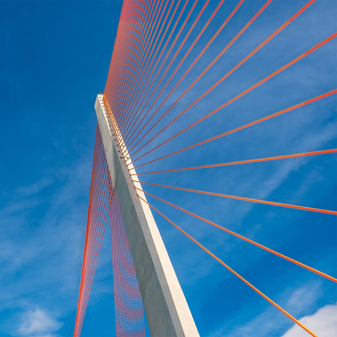 A worm's eye view of a modern suspension bridge