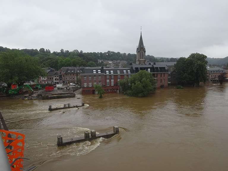 Flooding in the Tilff district of Esneux, a municipality of Wallonia located in the Ourthe Valley in the province of Liege, Belgium, July 16, 2021. Extreme flooding in several European countries in July 2021 resulted in hundreds of fatalities and billions of dollars in property damage. Credit: Régine Fabri, CC BY-SA 4.0, via Wikimedia Commons